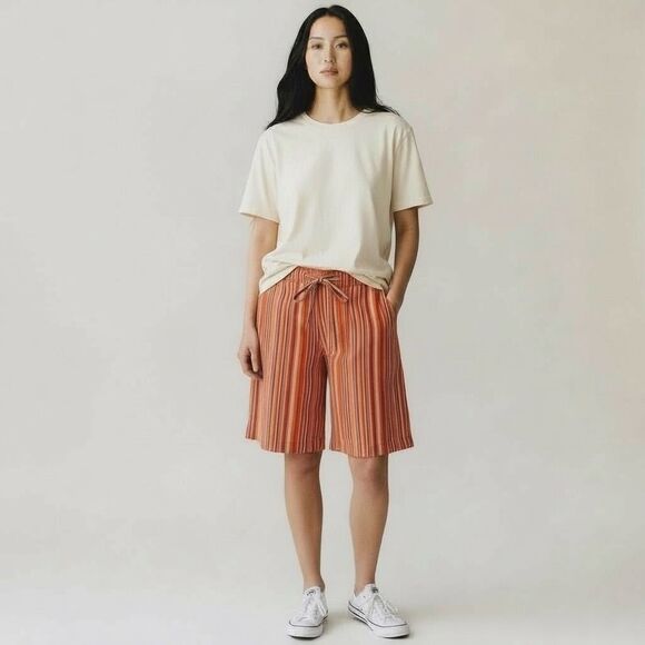 Free People Saylor Poplin Stripe Bermuda Shorts Mango Combo NWT Size M - Picture 1 of 5